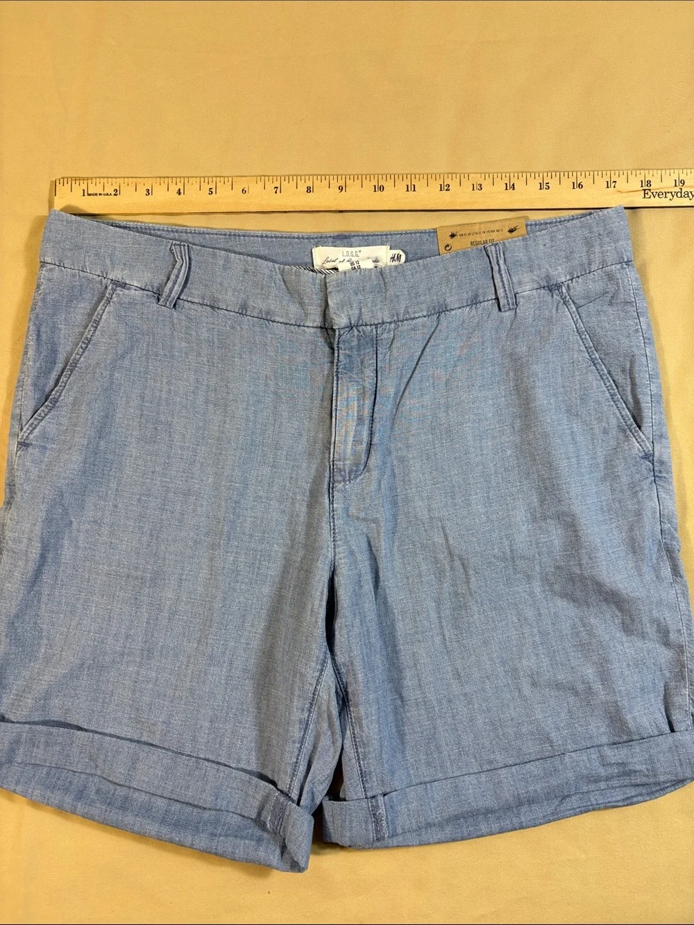 H&M L.O.G.G. Blue Chambray Cuffed Stretch‎ Twill Chino Walking Shorts Women's 12